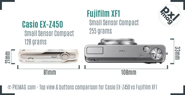 Casio EX-Z450 vs Fujifilm XF1 top view buttons comparison Casio EX-Z450 vs Fujifilm XF1 top view buttons comparison