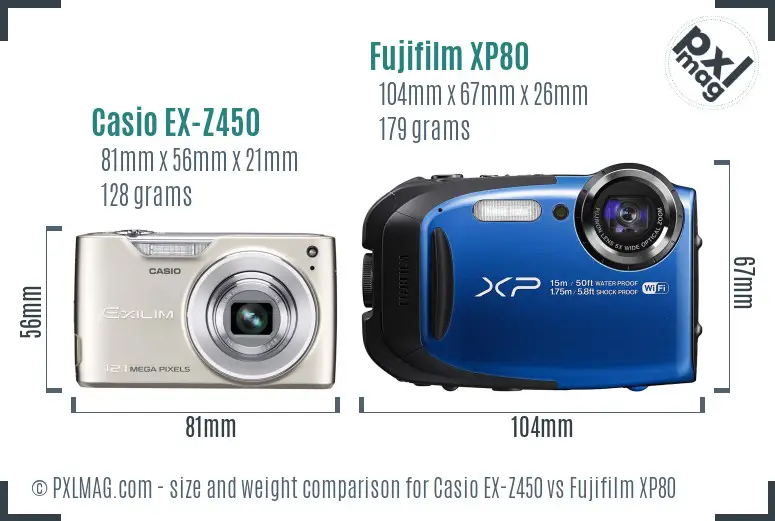 Casio EX-Z450 vs Fujifilm XP80 size comparison