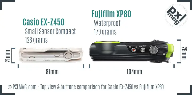Casio EX-Z450 vs Fujifilm XP80 top view buttons comparison
