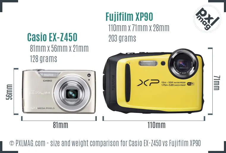 Casio EX-Z450 vs Fujifilm XP90 size comparison