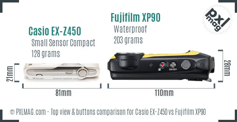 Casio EX-Z450 vs Fujifilm XP90 top view buttons comparison