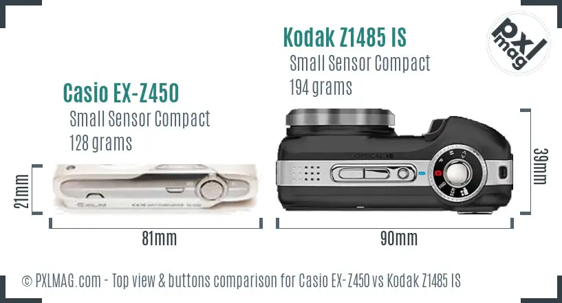 Casio EX-Z450 vs Kodak Z1485 IS top view buttons comparison