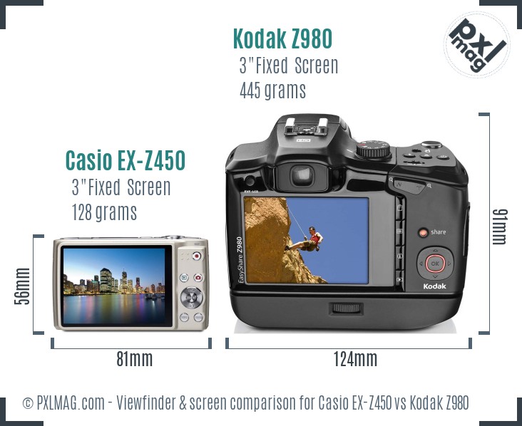 Casio EX-Z450 vs Kodak Z980 Screen and Viewfinder comparison