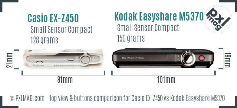 Casio EX-Z450 vs Kodak Easyshare M5370 top view buttons comparison