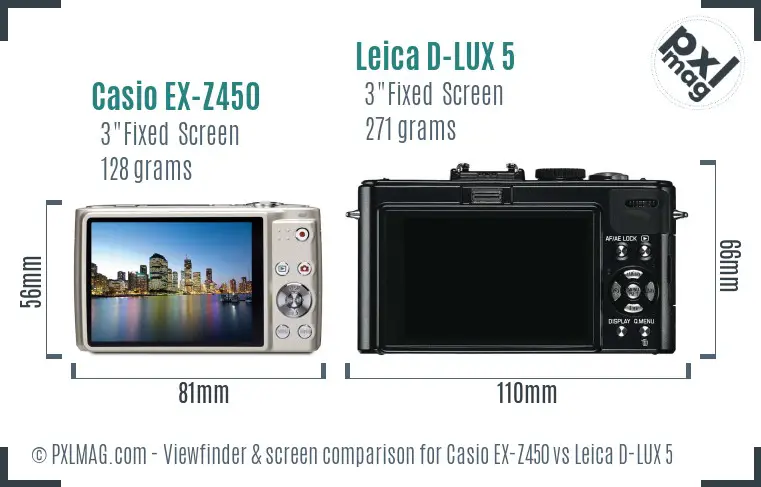 Casio EX-Z450 vs Leica D-LUX 5 Screen and Viewfinder comparison