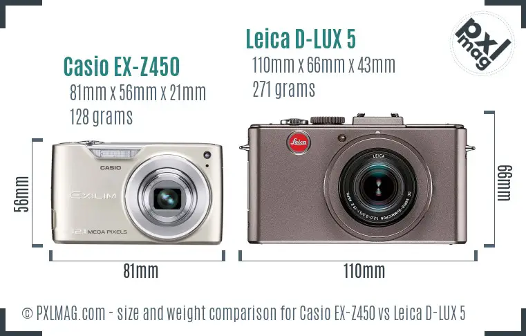 Casio EX-Z450 vs Leica D-LUX 5 size comparison