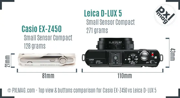 Casio EX-Z450 vs Leica D-LUX 5 top view buttons comparison