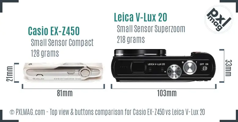 Casio EX-Z450 vs Leica V-Lux 20 top view buttons comparison