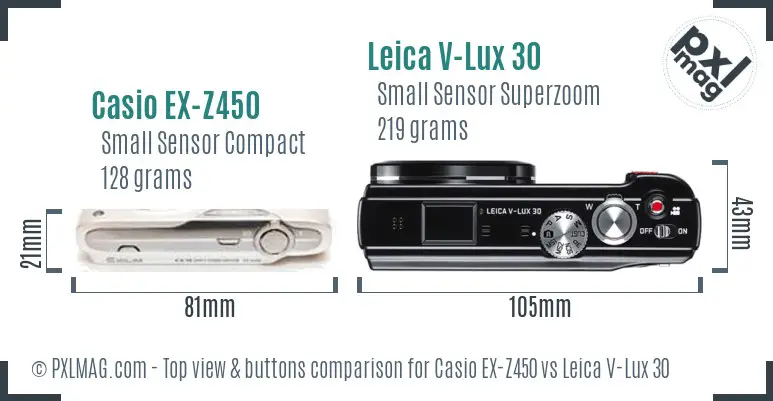 Casio EX-Z450 vs Leica V-Lux 30 top view buttons comparison
