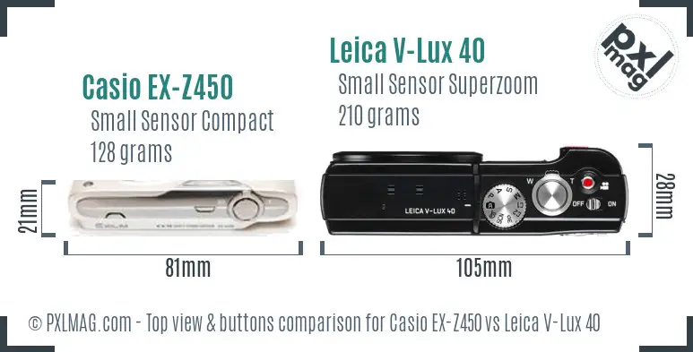 Casio EX-Z450 vs Leica V-Lux 40 top view buttons comparison Casio EX-Z450 vs Leica V-Lux 40 top view buttons comparison