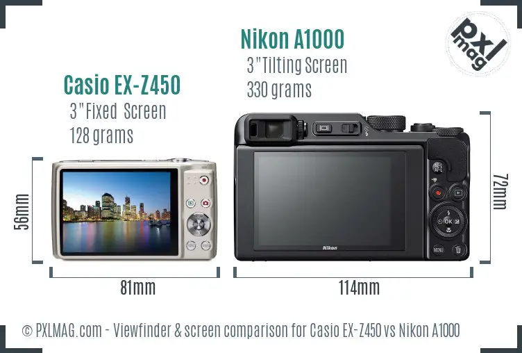 Casio EX-Z450 vs Nikon A1000 Screen and Viewfinder comparison