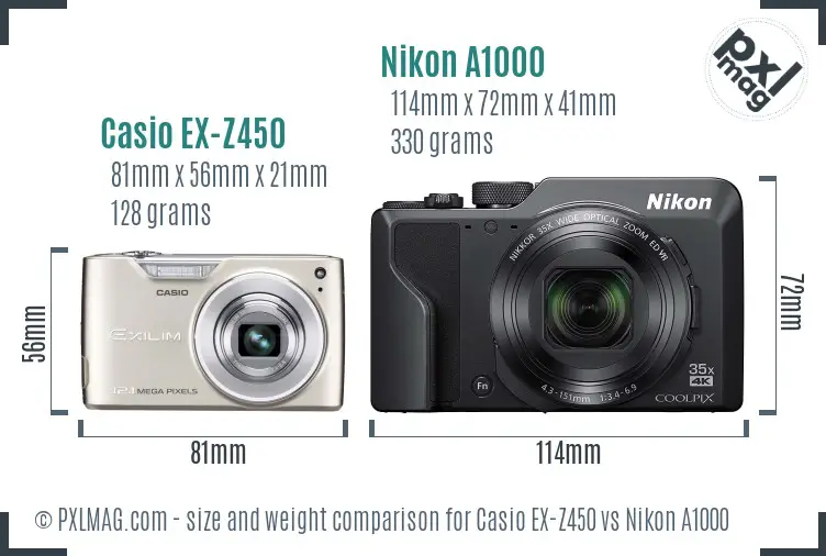 Casio EX-Z450 vs Nikon A1000 size comparison