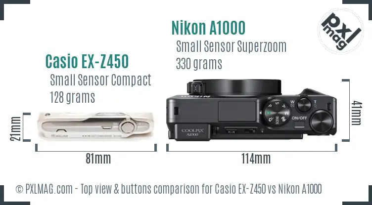 Casio EX-Z450 vs Nikon A1000 top view buttons comparison