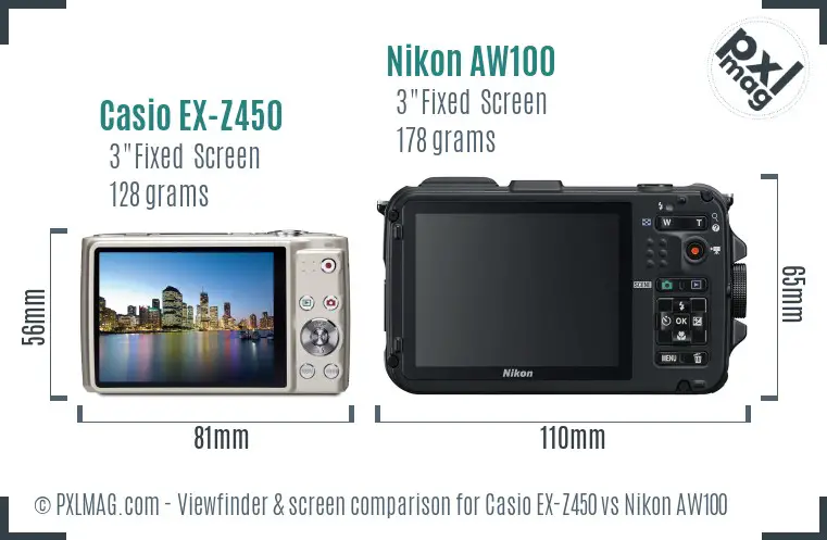 Casio EX-Z450 vs Nikon AW100 Screen and Viewfinder comparison