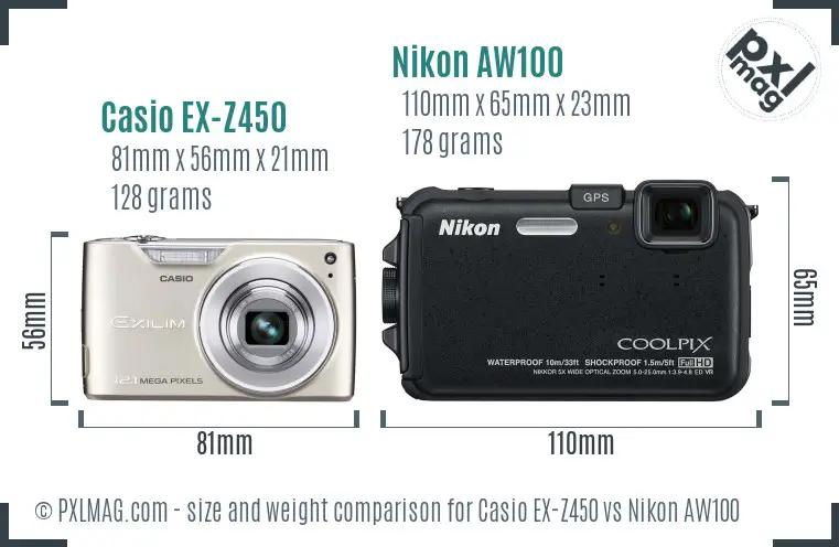 Casio EX-Z450 vs Nikon AW100 size comparison