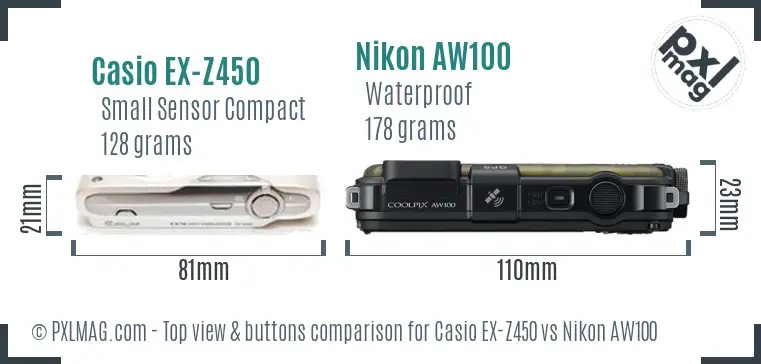 Casio EX-Z450 vs Nikon AW100 top view buttons comparison