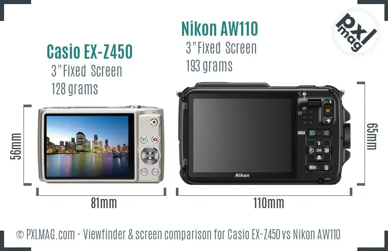 Casio EX-Z450 vs Nikon AW110 Screen and Viewfinder comparison