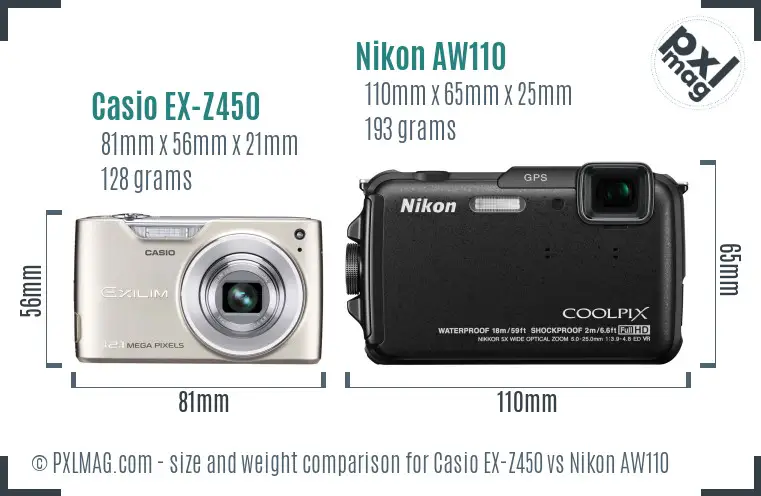 Casio EX-Z450 vs Nikon AW110 size comparison Casio EX-Z450 vs Nikon AW110 size comparison