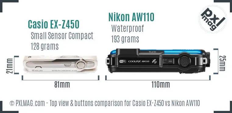 Casio EX-Z450 vs Nikon AW110 top view buttons comparison