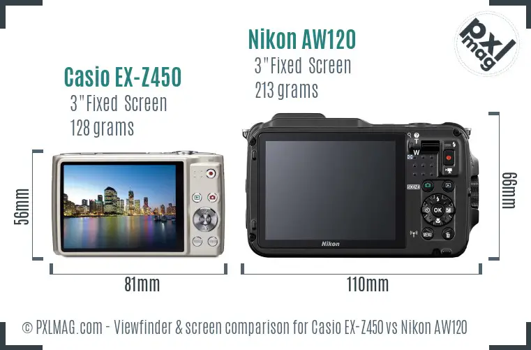 Casio EX-Z450 vs Nikon AW120 Screen and Viewfinder comparison