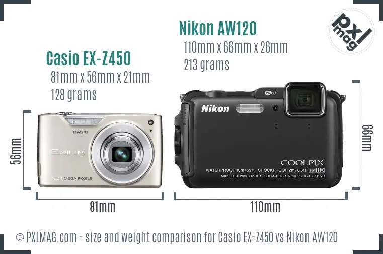 Casio EX-Z450 vs Nikon AW120 size comparison