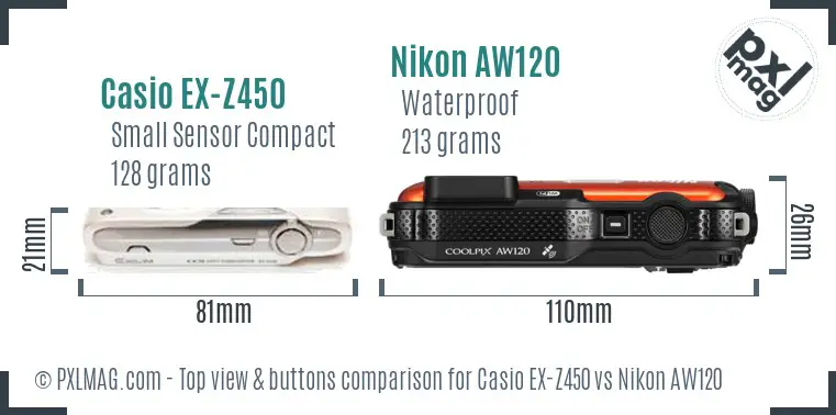 Casio EX-Z450 vs Nikon AW120 top view buttons comparison