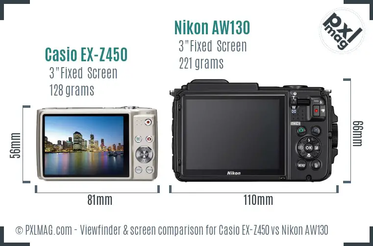 Casio EX-Z450 vs Nikon AW130 Screen and Viewfinder comparison