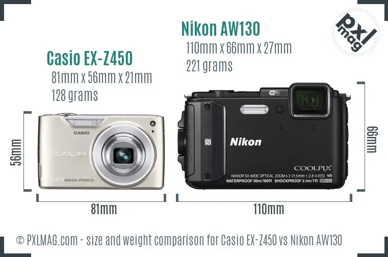 Casio EX-Z450 vs Nikon AW130 size comparison