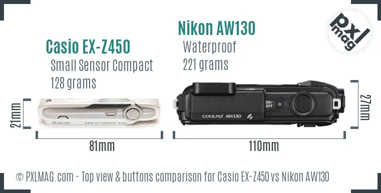 Casio EX-Z450 vs Nikon AW130 top view buttons comparison