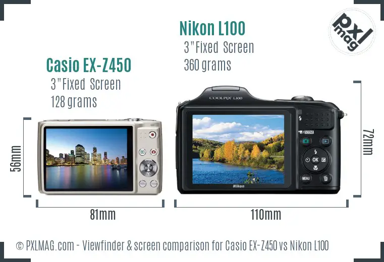 Casio EX-Z450 vs Nikon L100 Screen and Viewfinder comparison Casio EX-Z450 vs Nikon L100 Screen and Viewfinder comparison