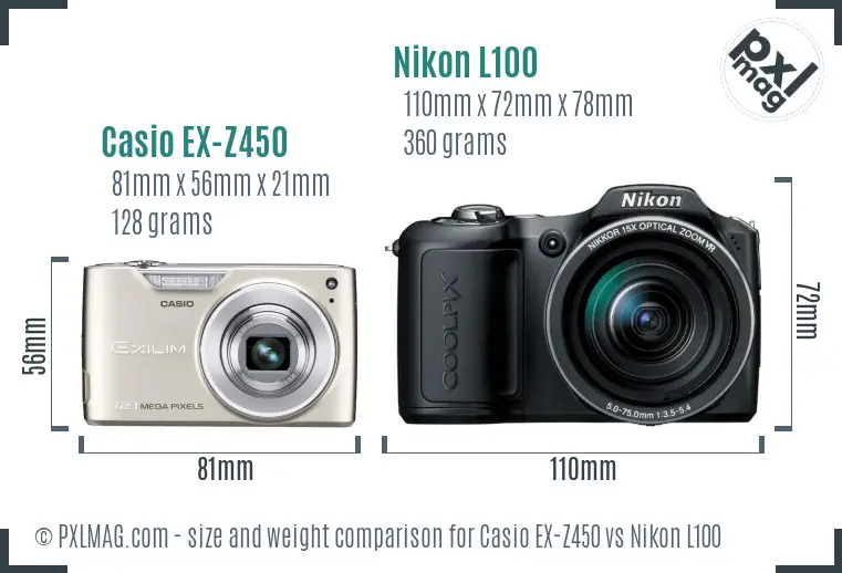 Casio EX-Z450 vs Nikon L100 size comparison Casio EX-Z450 vs Nikon L100 size comparison