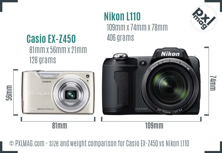 Casio EX-Z450 vs Nikon L110 size comparison