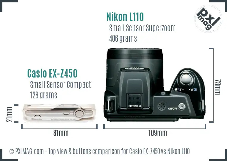 Casio EX-Z450 vs Nikon L110 top view buttons comparison