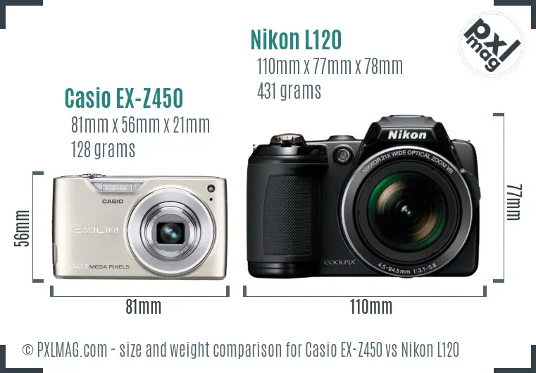 Casio EX-Z450 vs Nikon L120 size comparison