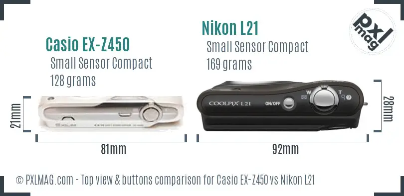 Casio EX-Z450 vs Nikon L21 top view buttons comparison