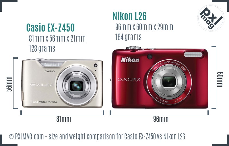 Casio EX-Z450 vs Nikon L26 size comparison