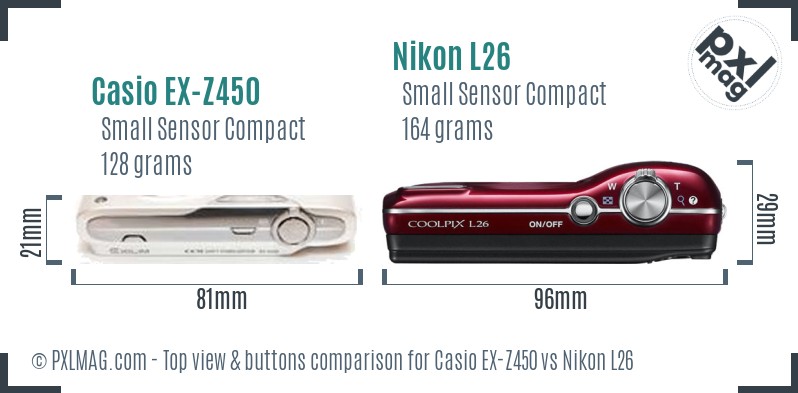 Casio EX-Z450 vs Nikon L26 top view buttons comparison