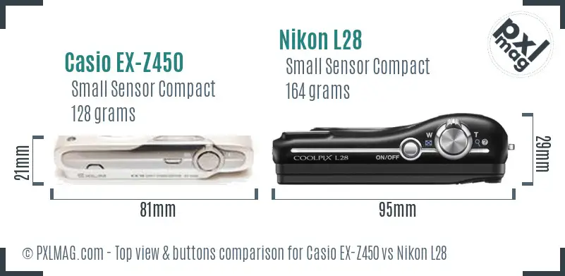 Casio EX-Z450 vs Nikon L28 top view buttons comparison Casio EX-Z450 vs Nikon L28 top view buttons comparison
