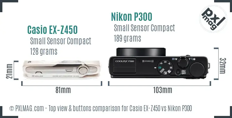 Casio EX-Z450 vs Nikon P300 top view buttons comparison