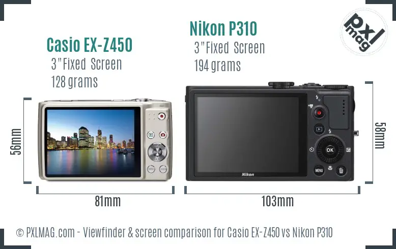 Casio EX-Z450 vs Nikon P310 Screen and Viewfinder comparison