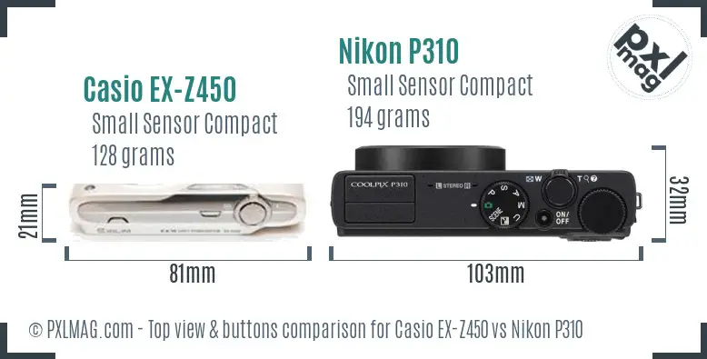 Casio EX-Z450 vs Nikon P310 top view buttons comparison