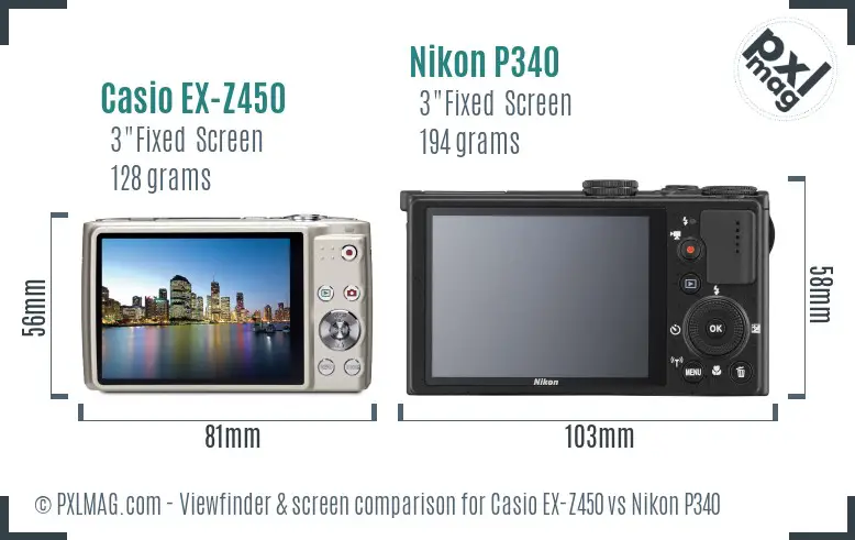Casio EX-Z450 vs Nikon P340 Screen and Viewfinder comparison