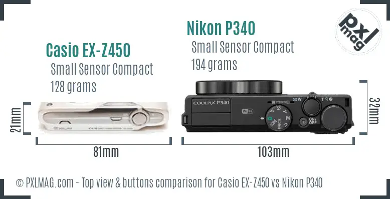 Casio EX-Z450 vs Nikon P340 top view buttons comparison