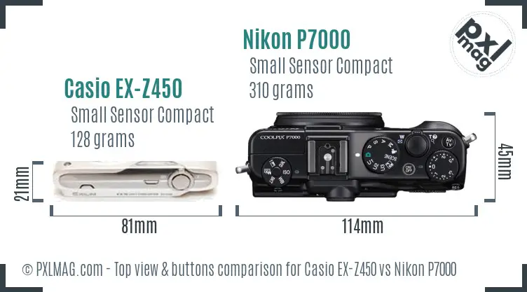 Casio EX-Z450 vs Nikon P7000 top view buttons comparison
