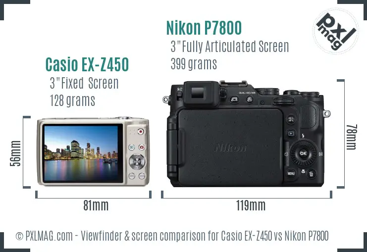 Casio EX-Z450 vs Nikon P7800 Screen and Viewfinder comparison