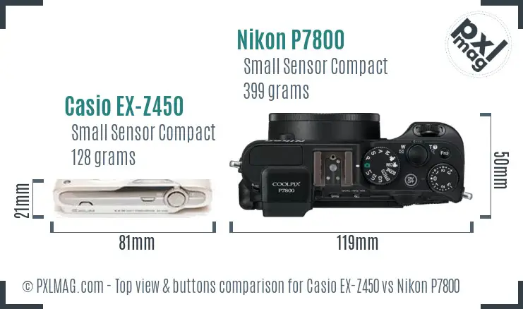 Casio EX-Z450 vs Nikon P7800 top view buttons comparison