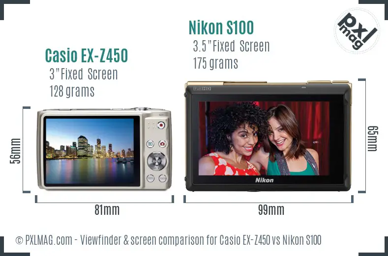 Casio EX-Z450 vs Nikon S100 Screen and Viewfinder comparison Casio EX-Z450 vs Nikon S100 Screen and Viewfinder comparison