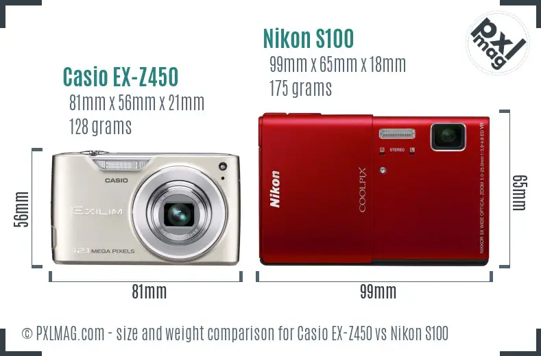 Casio EX-Z450 vs Nikon S100 size comparison Casio EX-Z450 vs Nikon S100 size comparison