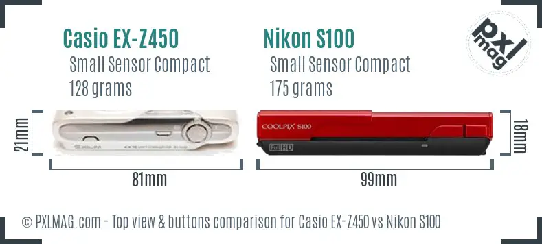 Casio EX-Z450 vs Nikon S100 top view buttons comparison Casio EX-Z450 vs Nikon S100 top view buttons comparison