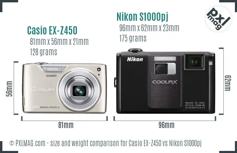 Casio EX-Z450 vs Nikon S1000pj size comparison Casio EX-Z450 vs Nikon S1000pj size comparison